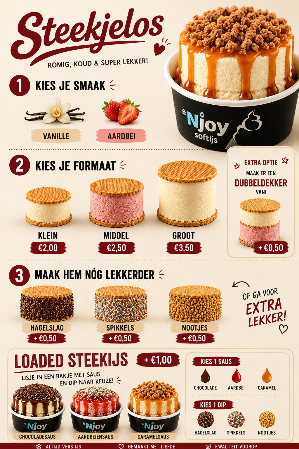 Menukaart van Steekjelos met smaken, dips, sauzen en prijsindicatie
